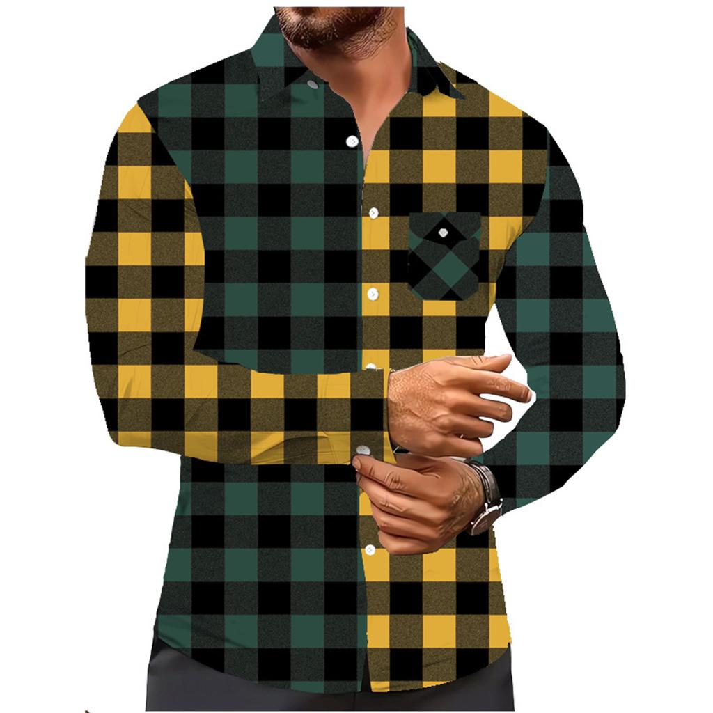 Men's Color Blocking Plaid Trendy Fashion Loose Drop Shoulder Lapel Long Sleeve Shirt