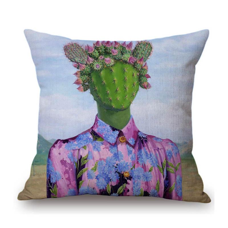 Summer Cactus Head Portrait Oil Painting Surrealistic Decorative Art Cotton Linen Sofa Pillow Case Car Seat Cushion Cover