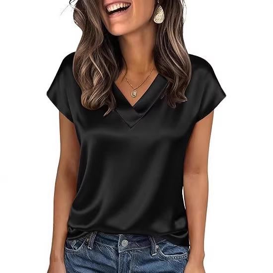 2026 Vår/Sommar Elegant Silke V-ringad Kortärmad Dam T-shirt