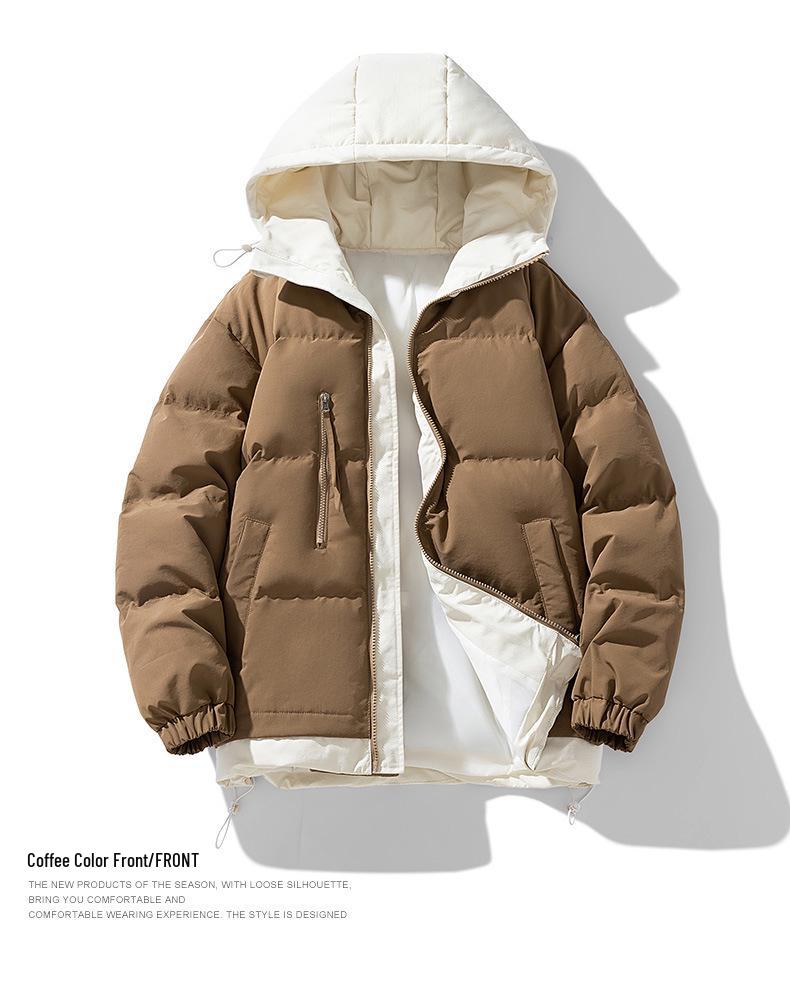 8856 Youth Men's Faux Two-Piece Hooded Cotton Jacket - Warm, Thickened Winter Coat for Couples.
