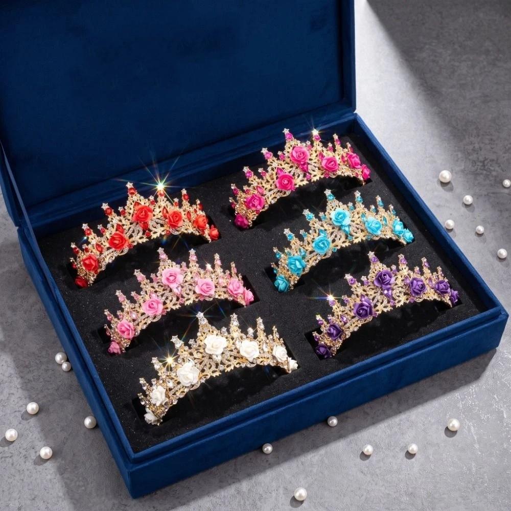 Metal Princess Floral Tiara Rose Flower Shiny Rhinestone Crown Luxury Baroque Crown Prom