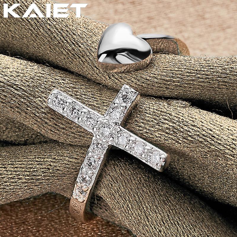 925 Silver Cross Crystal Heart Adjustable Ring For Women Accessories Jewelry
