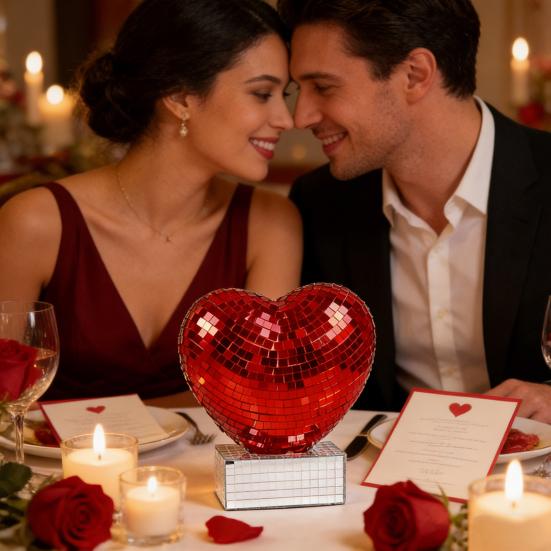 Figurka Serce Disco Błyszczące Czerwono-Różowe Serce Kształt Centralny Element Stołu Romantyczne Odbijające Lustro Disco Serce na Walentynki Rocznicę Ślub