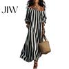 Lightweight Polyester Dress Summer Women Striped Long Dress, Off Shoulder Sleeve Casual Ankle Length Loose Swing with Side Pocket Outfit
