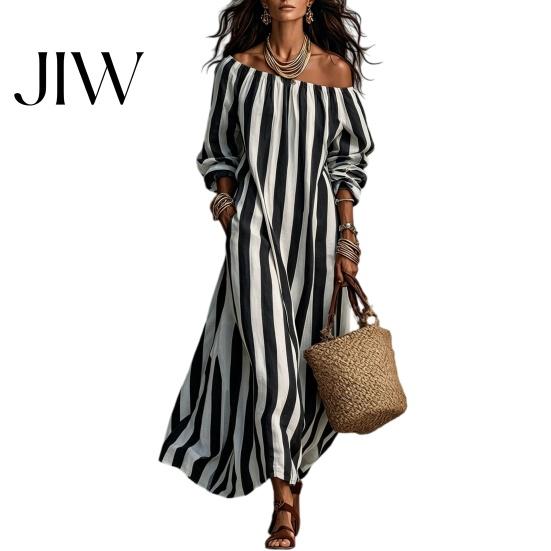 Lightweight Polyester Dress Summer Women Striped Long Dress, Off Shoulder Sleeve Casual Ankle Length Loose Swing with Side Pocket Outfit
