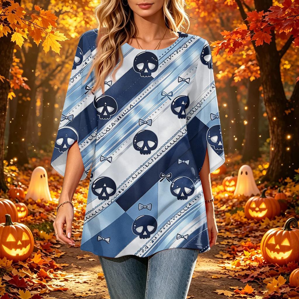 Women's Halloween Print Casual Top, Round Neck, Three-Quarter Sleeve, Loose Fit