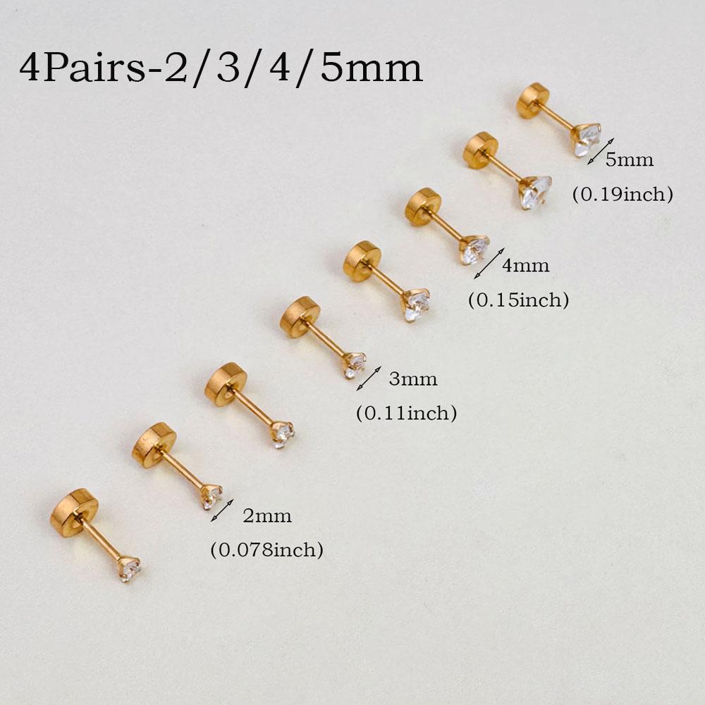 6Pairs Stainless Steel Flat Back Screw Studs Earrings For Women Men 4 Prong Tragus Small Round Clear Cubic Zirconia Ear Jewelry