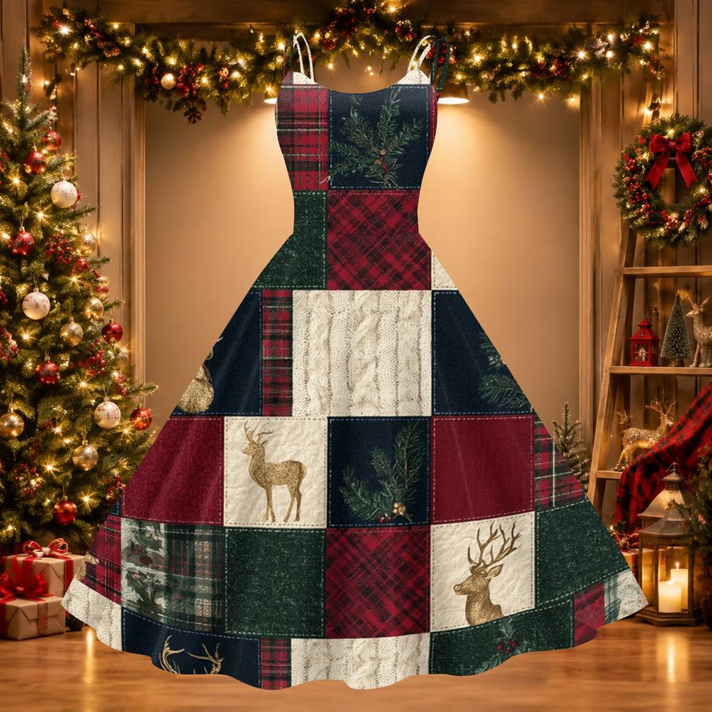 Women's Sexy Off-Shoulder Vintage Christmas Print Dress for Holiday Party