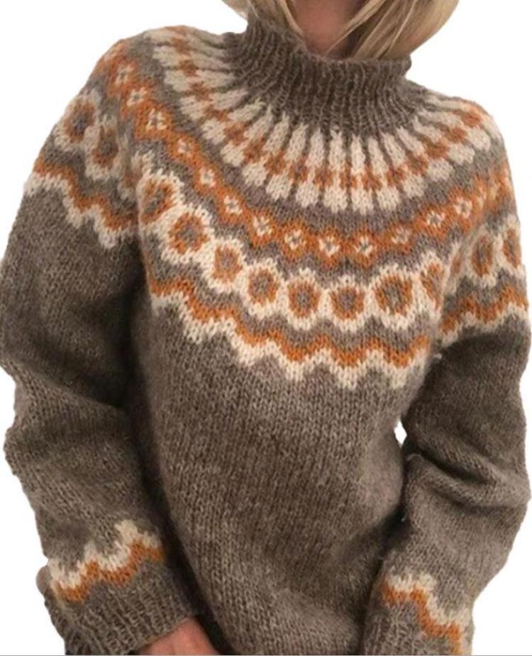 European American Style Autumn Winter Jacquard Fashion Loose Knitted Mohair Sweater for Women