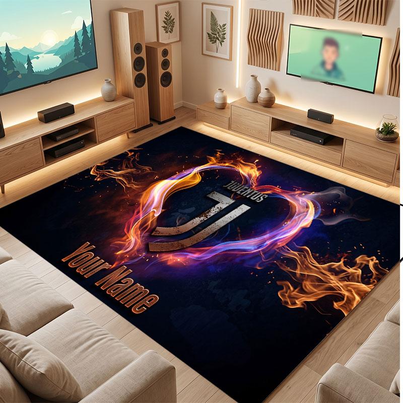 Juventus FC Custom Crystal Velvet Rug, Personalized Name Text Print, Football Logo Soft Non‑Slip Floor Mat Home Decor Gift