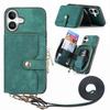 For iPhone 16 Case Zipper Card Holder PU Leather Phone Back Cover with Long Strap