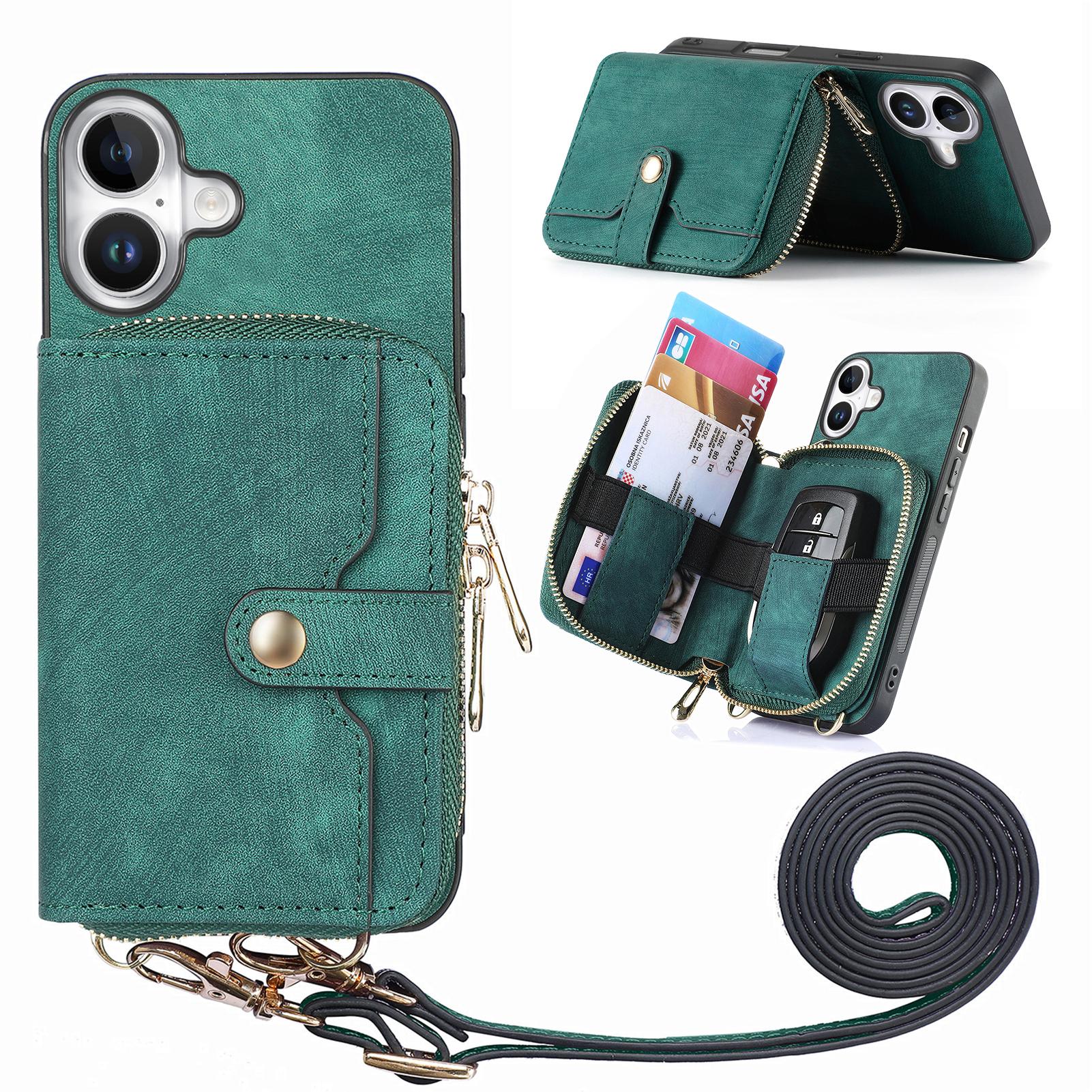 

For iPhone 16 Case Zipper Card Holder PU Leather Phone Back Cover with Long Strap Green