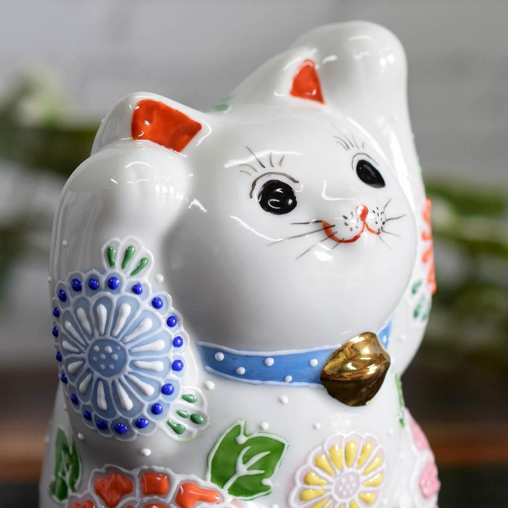 Cute Kutani Ware Figurine from Waza No Featuring a Beckoning Cat In a Flower Garden A Perfect Gift for Store and 88th Maneki-neko Kura, Raised-arm