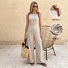 Casual Simple Imitation Linen Color Contrast Shoulder Strap High Waist Wide Leg Jumpsuit