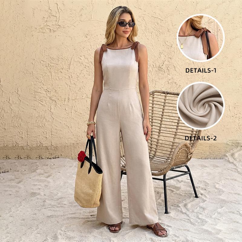 Casual Simple Imitation Linen Color Contrast Shoulder Strap High Waist Wide Leg Jumpsuit