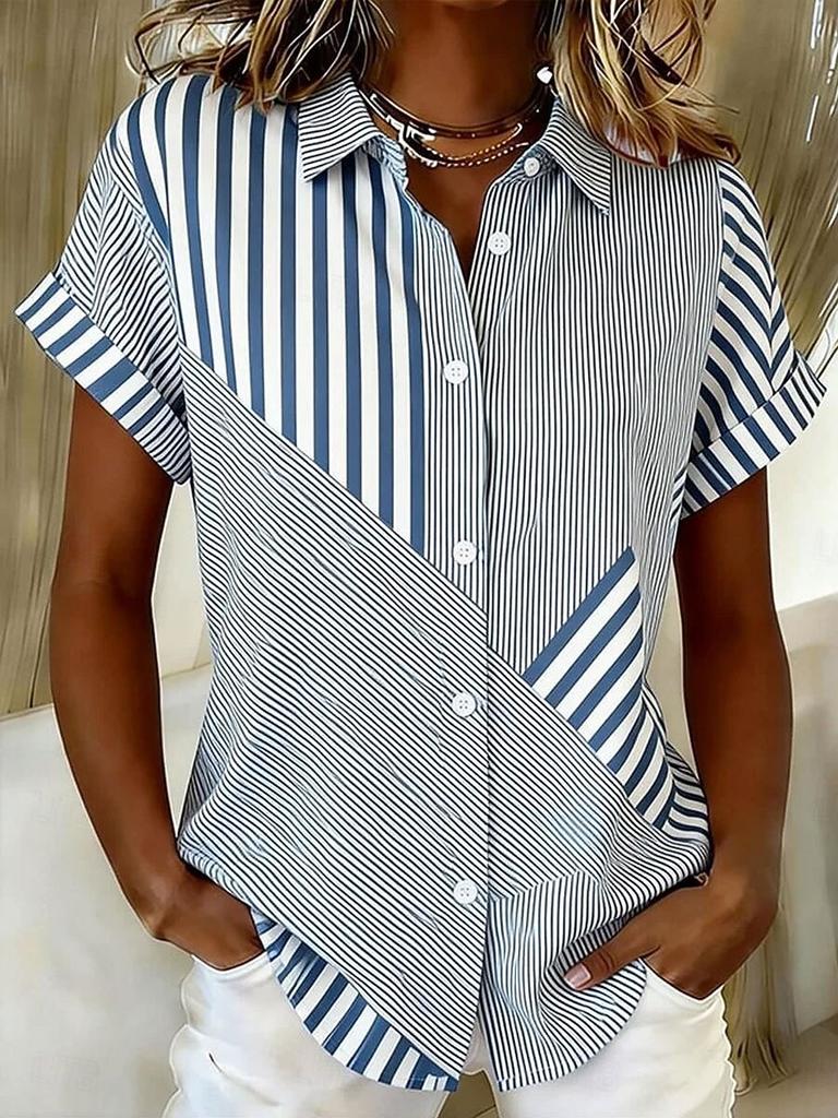 Women's Vintage Geometric Striped Print Button Short Sleeve Shirt Collar Tops, Casual Wear, Blue White Yellow Pink for Summer