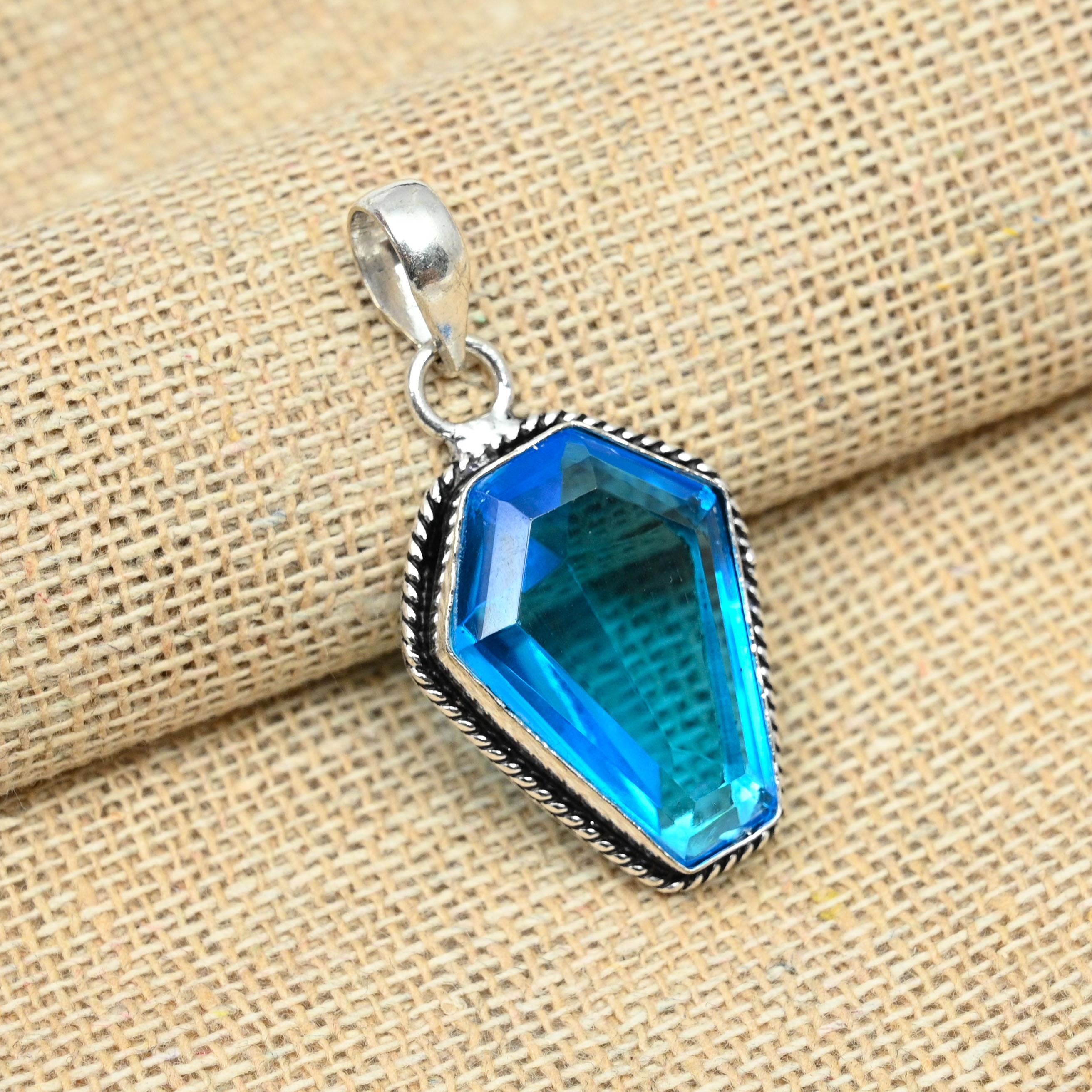

Ослепительный синий топаз, драгоценный камень, стерлинговое серебро 925 пробы, подвеска ручной работы, ювелирные изделия, женский подарок 1.57 Inches синий
