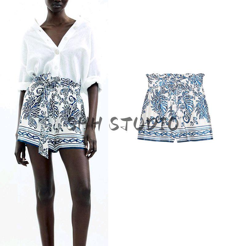 Summer Women's Clothing Ruched Decorative High Waist Silk Satin Texture Calico Paper Bag Casual Shorts 1165040
