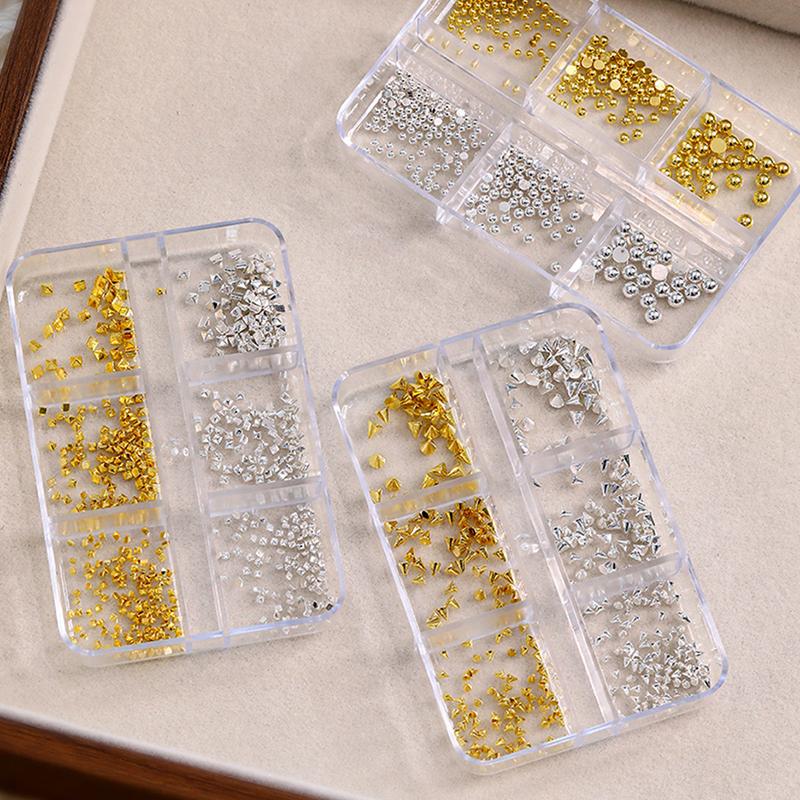 6 Grids 3D Mini Punk Metal Nail Studs Mix Size Silver Gold Black Nail Art Charms Alloy Rivets Stick Cone Diy Crafts Decoration