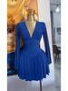 Women's French Style V-Neck Pleated Dress with Waist-Cinching Long Sleeves
