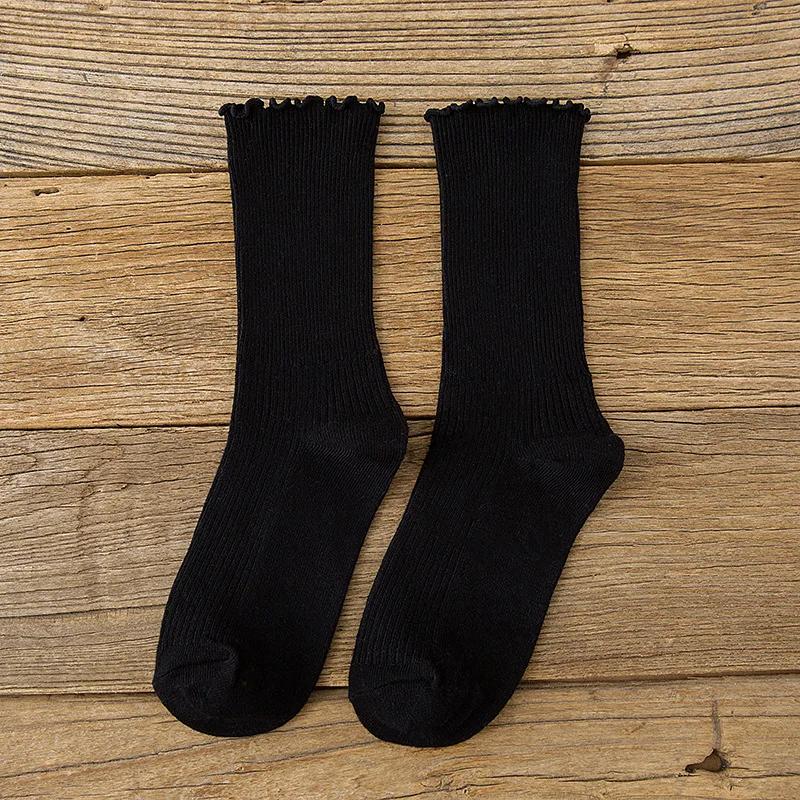 Women Solid Color Frily Ruffle Socks Harajuku Retro Streetwear Breathable Cotton Socks Girl Japanese Kawaii CuteBlack White Sox