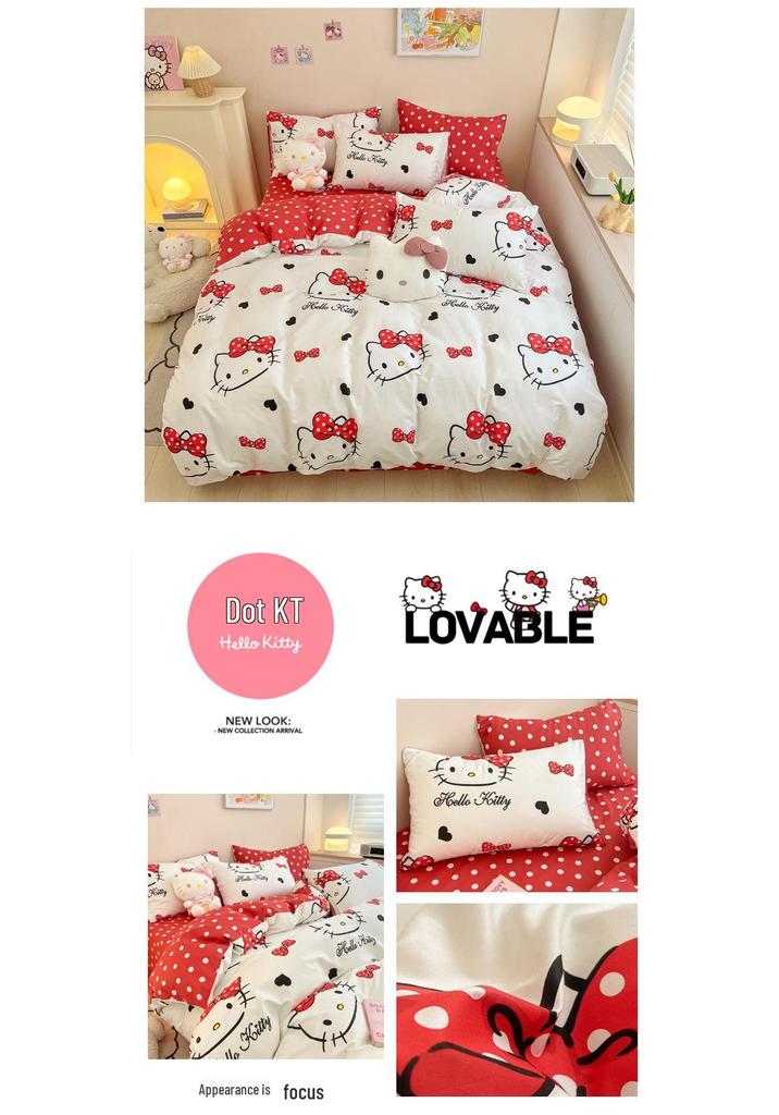Hello Kitty All-Cotton Cute Cartoon Girl Fitted Sheet & Duvet Set - 4-Pc Dorm Style