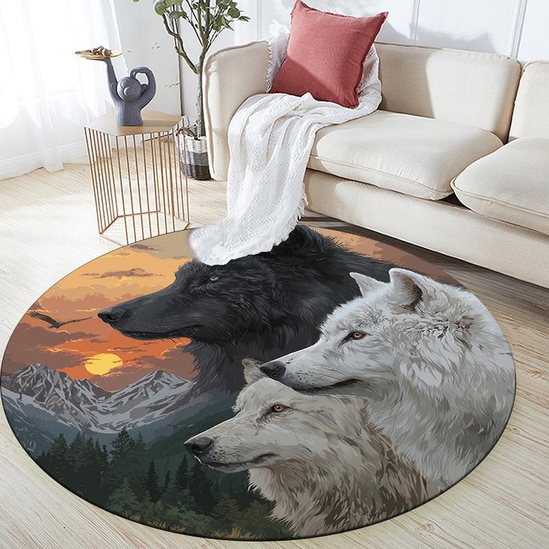 Okrągły Dywanik Trzy Wilki, Dywan do Salonu Sypialni Sofy Pokoju Zabaw Dekoracja, Antypoślizgowa Mata Podłogowa