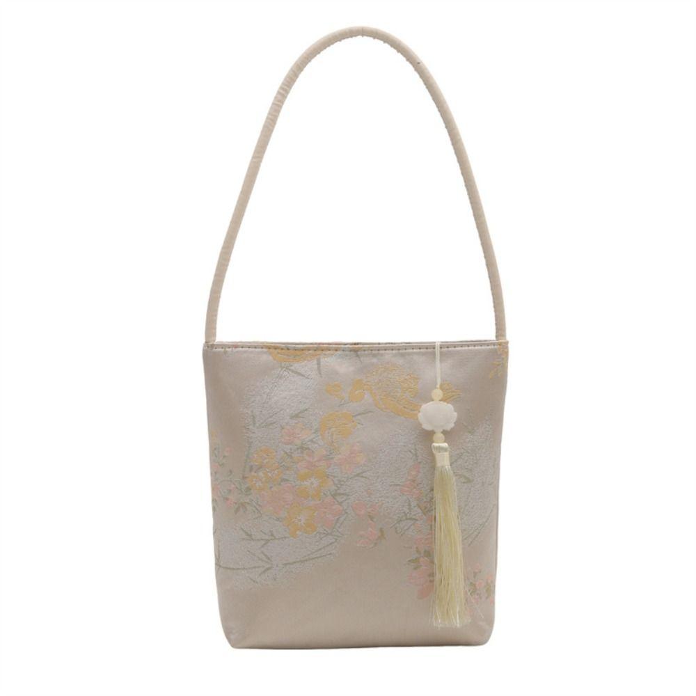 Large Capacity New Chinese Style Handbag Handbag Flower Underarm Bag Hanfu Bucket Bag  Girls