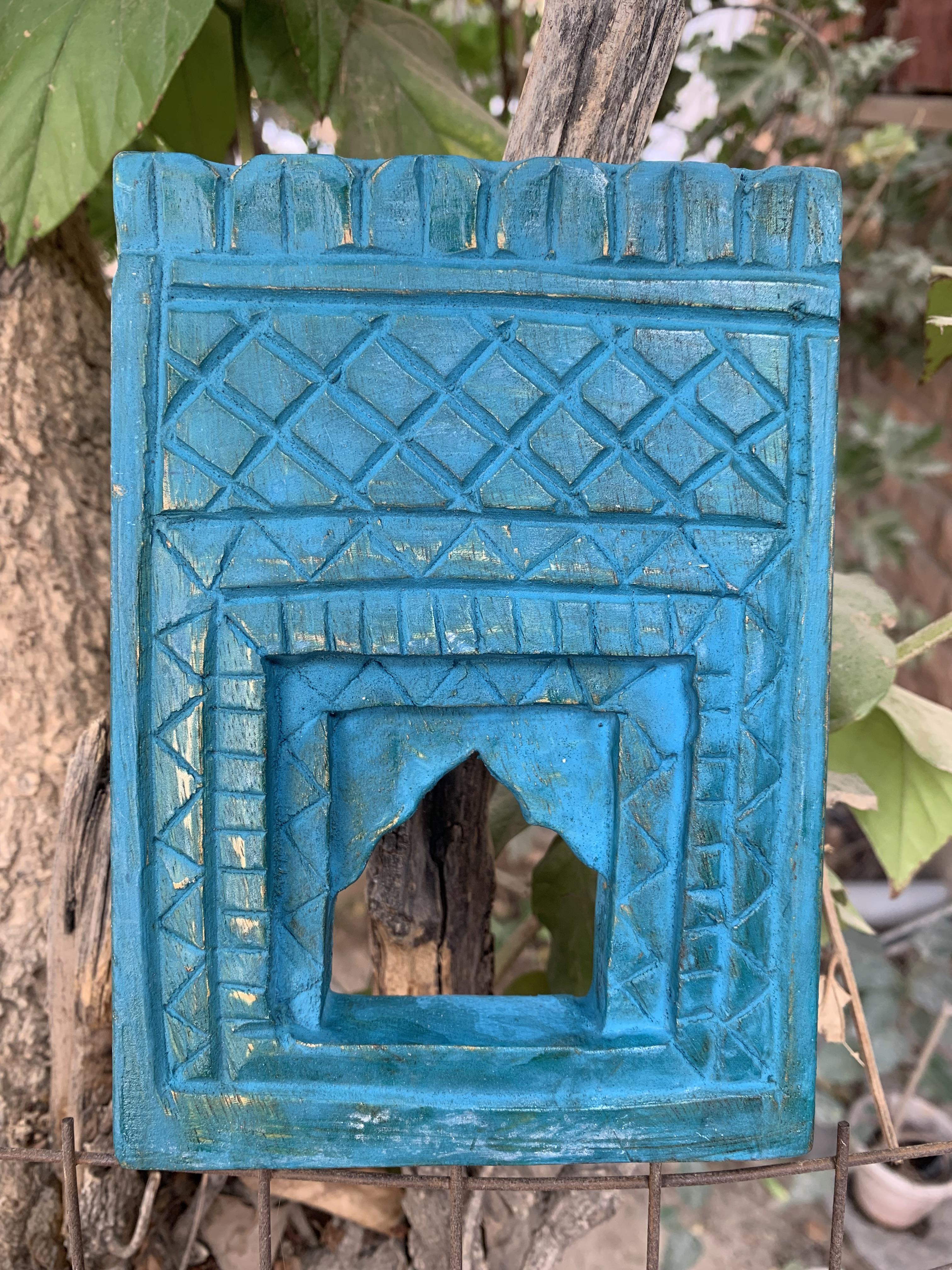 

Vintage Indian Blue Wooden Jharokha Frame - Hand Carved Rustic Wall Decor 7 x 5 x 1 (h x l x w) approx.