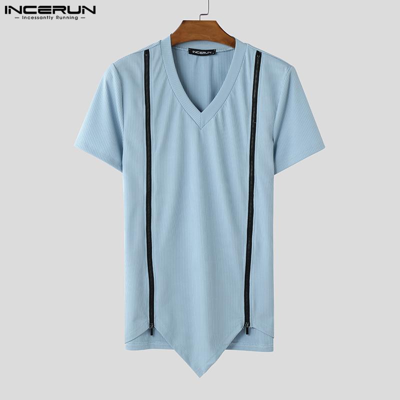 INCERUN Summer Men V Neck Short Sleeve Zip-up Casual Skinny Rib T-shirts Tops
