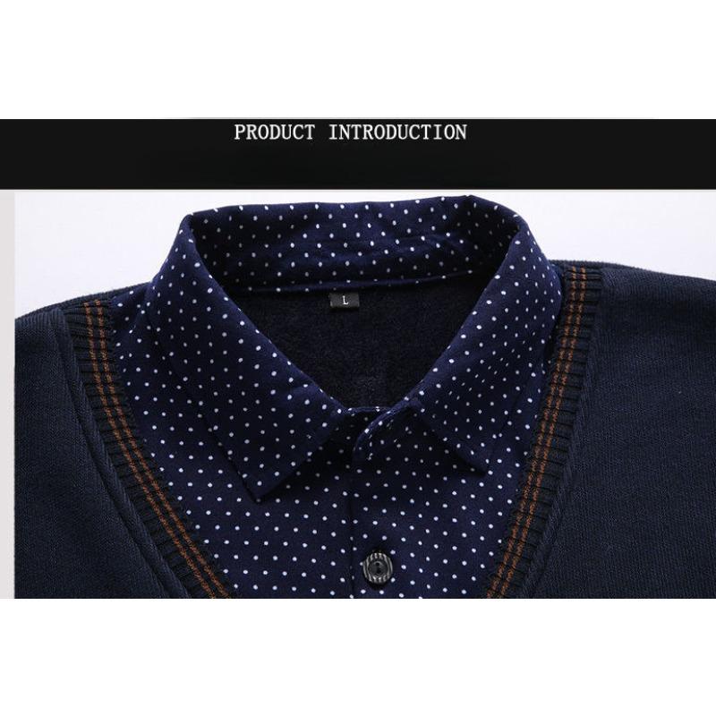 Gentle Basic Great Close-fitting Business Warm Top Men Fake Two-piece  Shirt Winter Fleece-lined Blouse Checkered Shirt