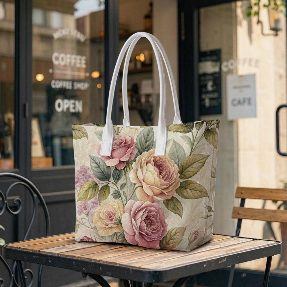 Vintage Rose Print Tote Bag Ladies Casual Large Capacity Fashion Shoulder Handbag for Daily Use