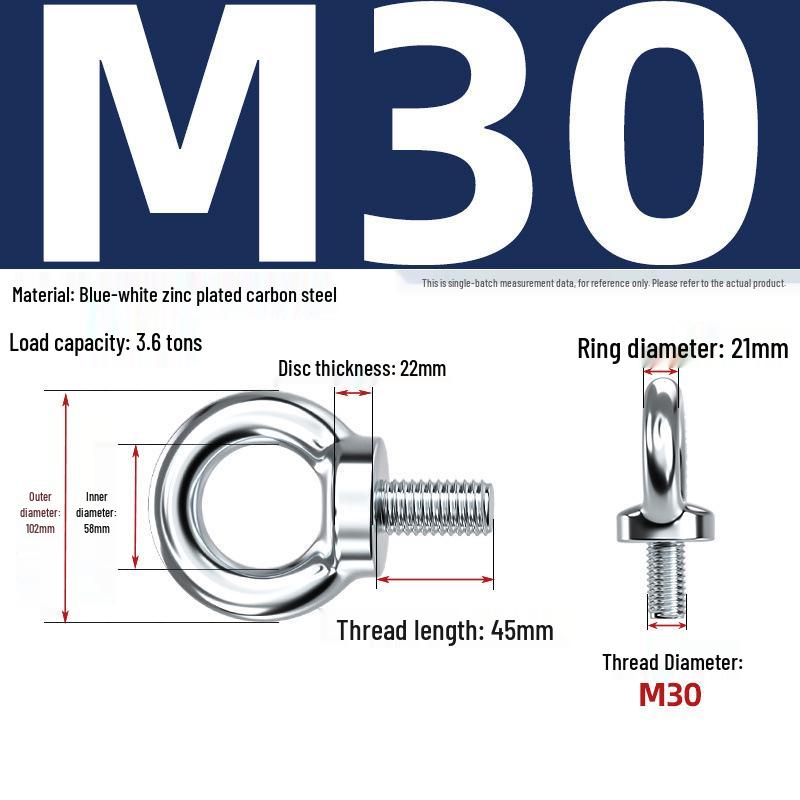 Marine Grade Zinc-Plated Hardened Carbon Steel Lifting Eye Bolt with Nut, Round Ring, Extended Thread, M6 M8 M20