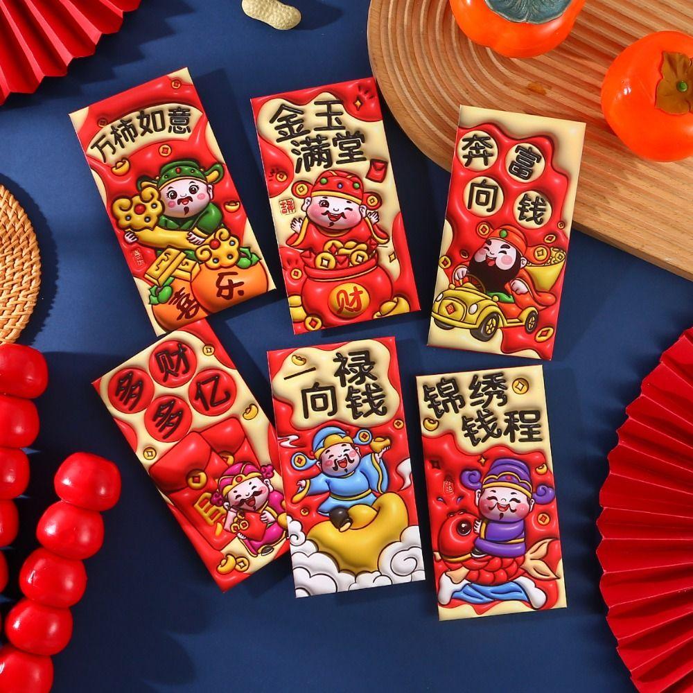 6pcs Blessing God of Wealth Red Envelope Cartoon Money Packet Spring Festival Supplies