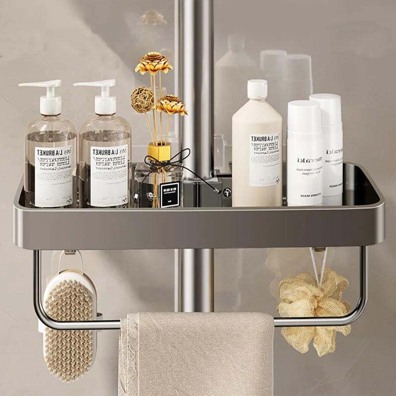 Bathroom Storage Rack Rain Shower Rod Shelf Organizer No Drilling Shower Gel Shampoo Tray Holder Shower Gel Shampoo Organizer