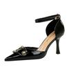 Fashion 2025 New Black Heels 8cm Women's Sandals Lacquer Leather Hollow Heels Metal Buckle One Lined Lady Stiletto Elegant Banquet Shoes