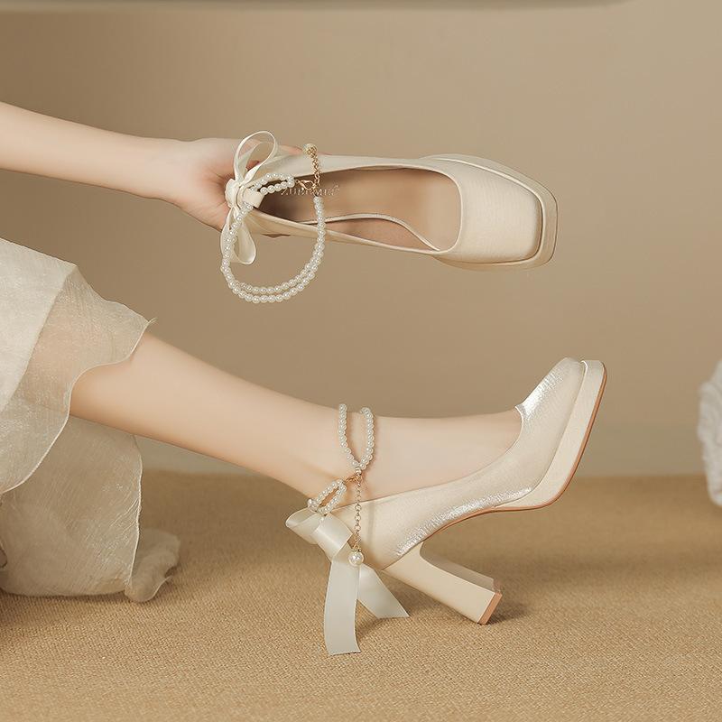 8126-2 Suede Pearl Mary Jane Shoes Women's Square Head Thick Heel High Heel Single Shoes Bow Waterproof Table Single Shoes Women's