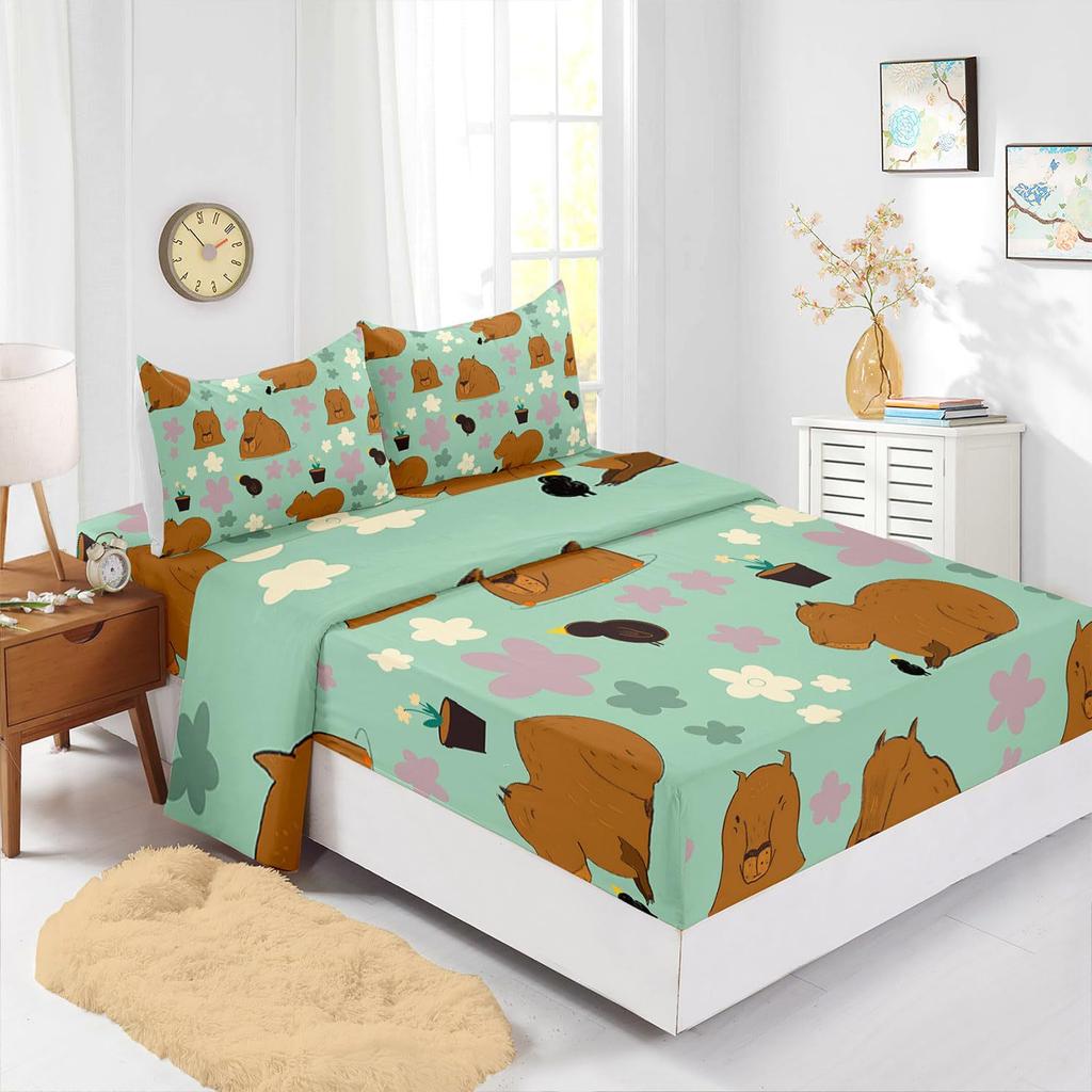 Cute Cartoon Cat Pattern Bed Hat Four-Piece Bedding Set Bedroom Dormitory Bedding Decoration