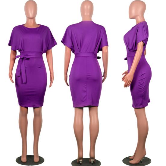 Damen Einfarbig Kurzarm O-Ausschnitt Gürtel Cocktail Bodycon Knielanges Kleid