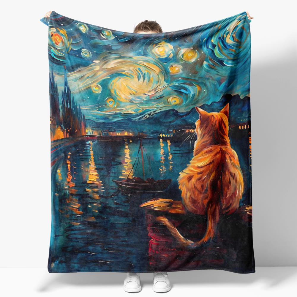 The Starry Night Throw Blanket Art Oil Painting Style Soft Cozy Blankets Soft Warm Flannel Blanket for Bed Room Home Sofa