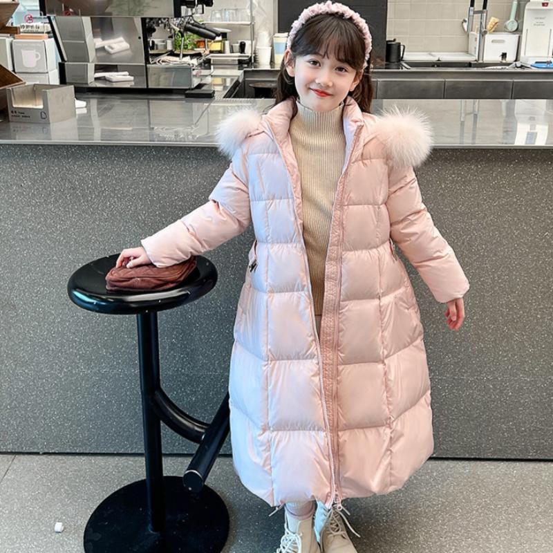Winter Girls Long Winter Clothes Children's Fashion Large Fur Collar Waist Coat