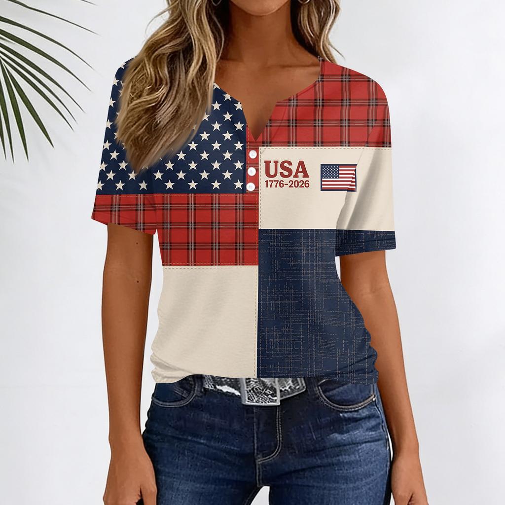 Women's Fashion Casual Independence Day Print V-Neck Short Sleeve Button-Up T-Shirt Top