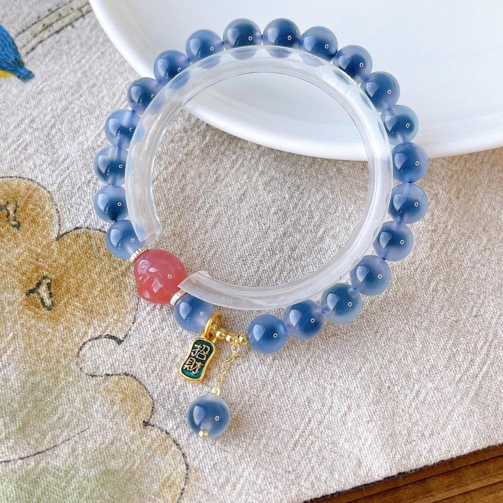 Blaues Achat-Herzarmband mit Perlen & Vergoldetem Silbermond, Frischer Xiaohongshu-Stil Geschenk.