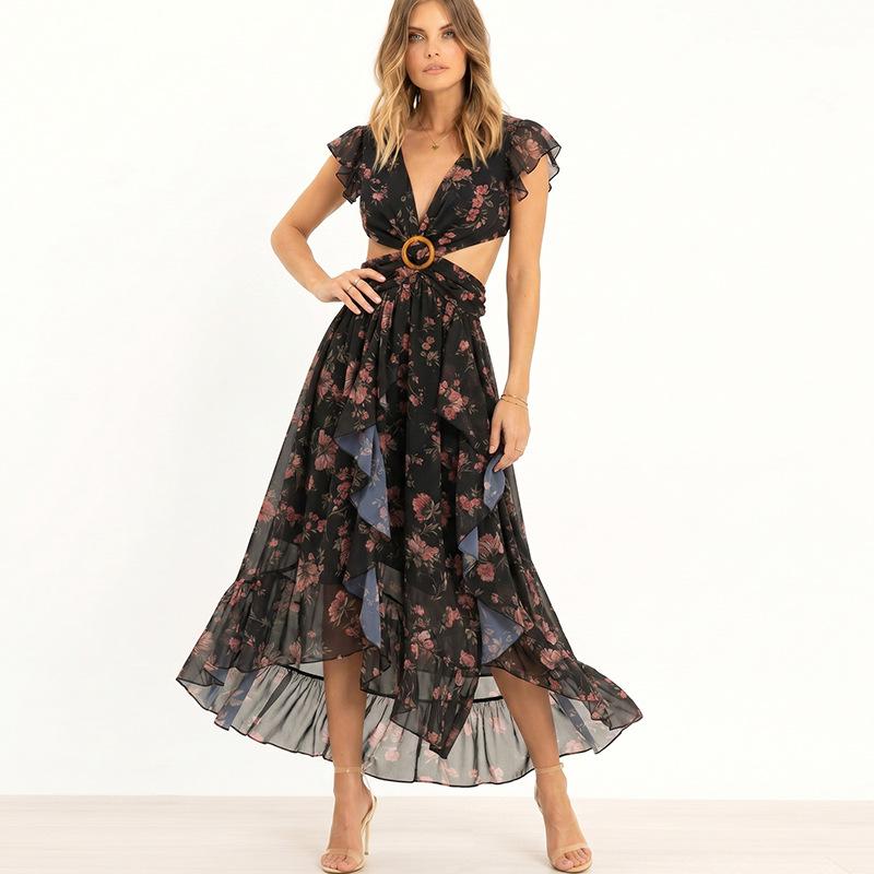 Boho Style Elegant Floral Print Long Dress Woman Summer V Neck High Waist Party Dress Summer Short Sleeve Sexy Maxi Dress