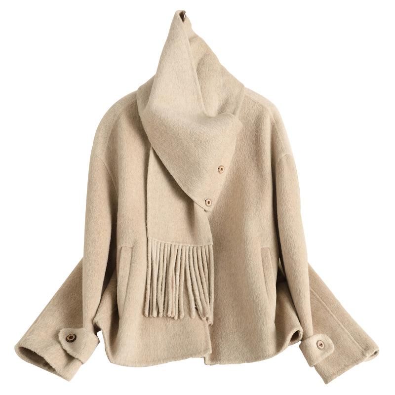 Autumn and winter new double-sided cashmere coat female celebrity style fringed edge scarf collar high-end woolen coat female