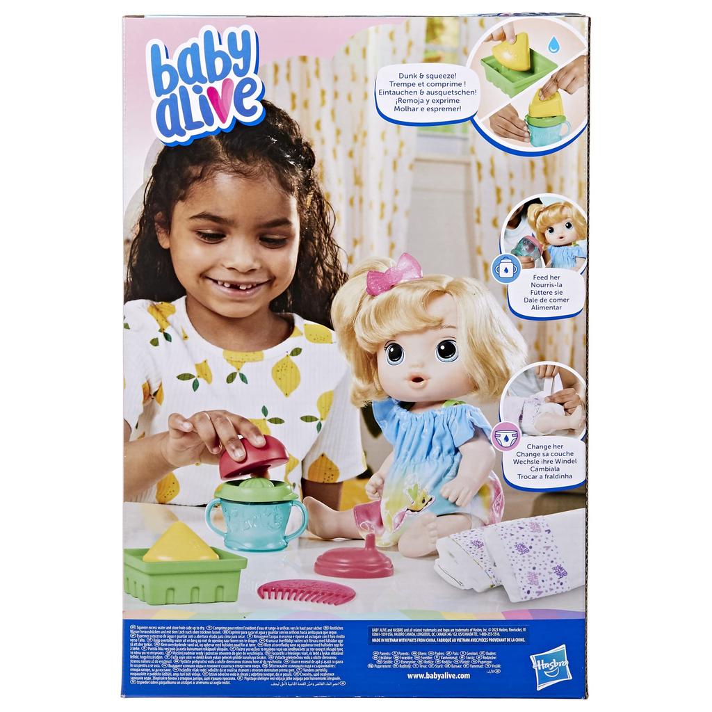 Hasbro Baby Alive Ages Doll Blonde Authentic Juice-Loving Baby, 3+, 12-inch (30 Cm) Set, Bottle, Diaper, Juicer, Hair, F7356,