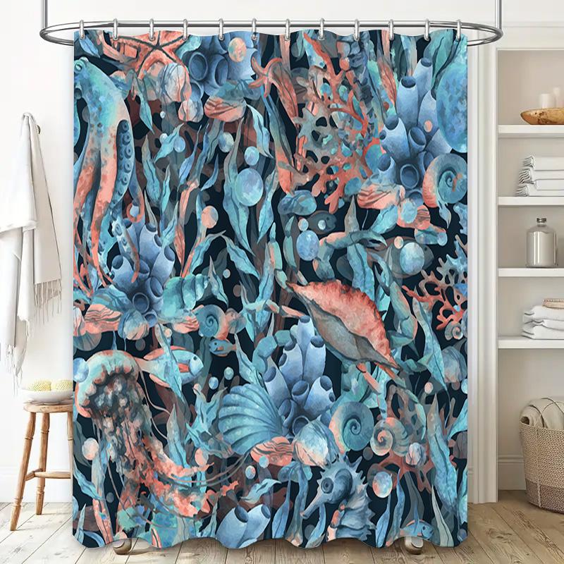 Underwater World Shower Curtain Blue Coral Jellyfish Print Home Decor Waterproof Bath Liner For Bathroom Decoration 69X72 Inches