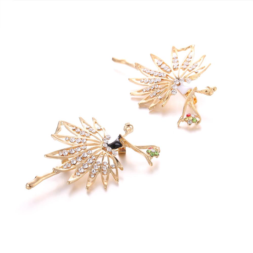 European & American Rhinestone Enamel Dancing Girl Brooch with Five-Petal Flower - Fashionable Clothing Accessory