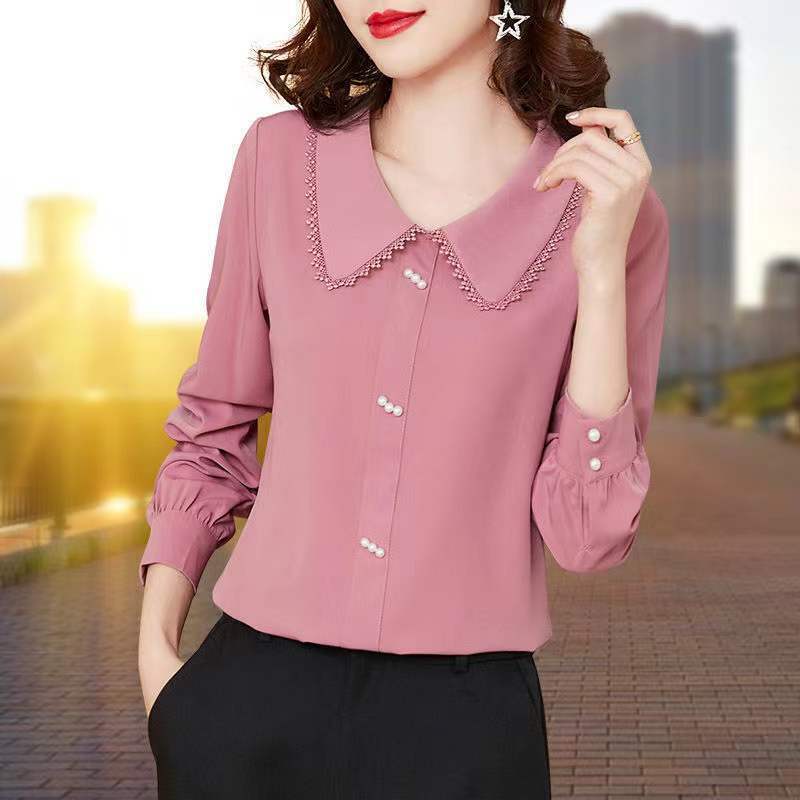 Blue Shirt Chiffon Doll Collar Top Long Sleeved Spring and Autumn Women's Shirt