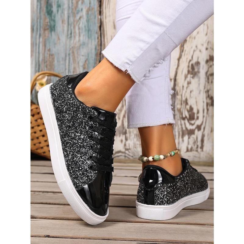 2025 Summer New Arrival Plus Size Sequined Front Lace-Up Solid Color Oversized Sneakers